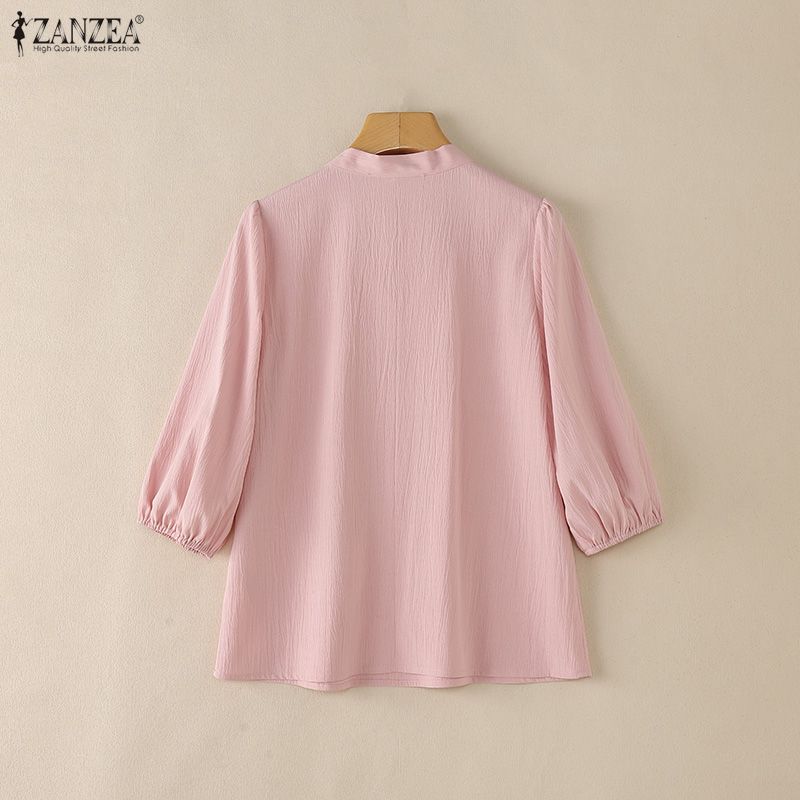 ZANZEA Lässige Bluse mit V-Ausschnitt und 3/4-Ärmeln für Damen in Volltonfarbe