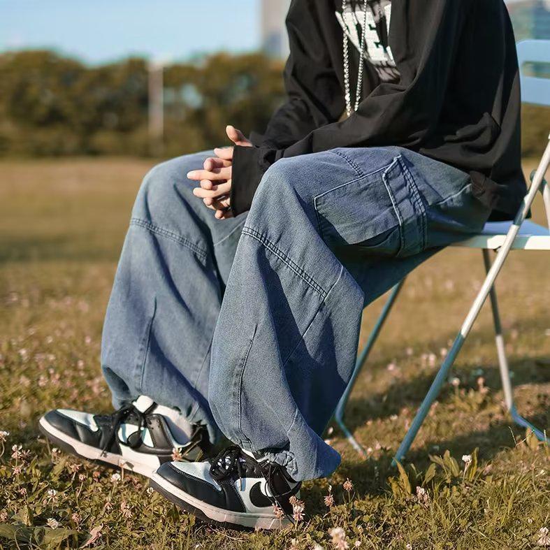 Men's Retro Loose-Fit Japanese Jeans with 3D Pockets and Tapered Legs