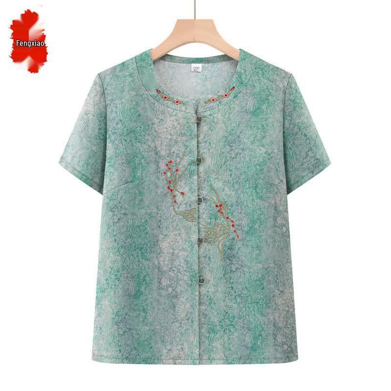 Elderly Women s Embroidered V-Neck Short Sleeve Cardigan T-Shirt XL зелёный
