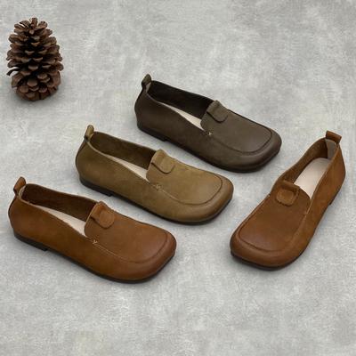 Sapatos Loafers Retrô de Couro Genuíno Bico Quadrado Sola Macia Couro de Vaca Planos Femininos Slip-on