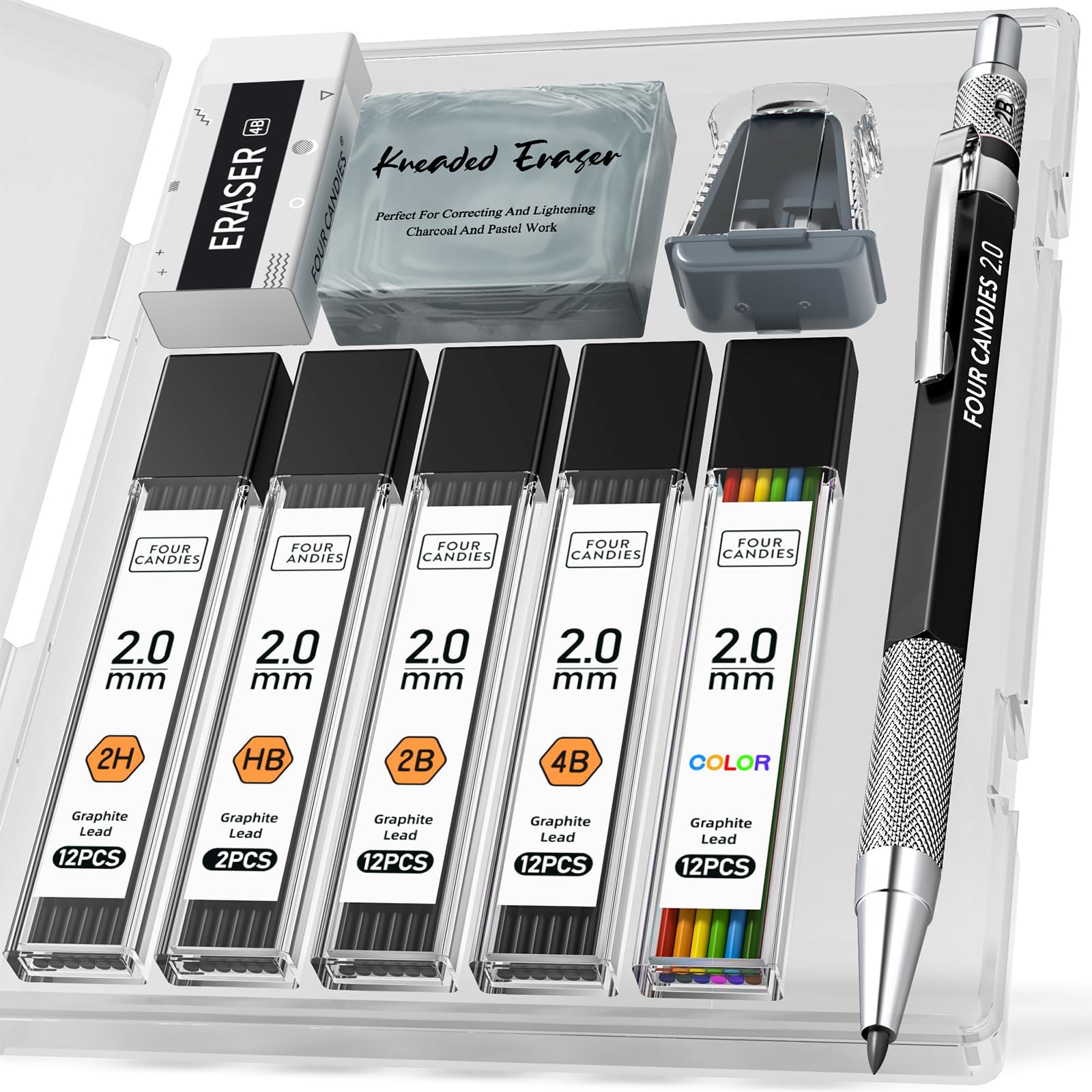 Four Candies Mechanical Pencil Set 2mm Pencil Metal Lead Holder HB 2H 2B 4B Colored Leads with Refills and Lead Sharpeners for Writing, Architecture