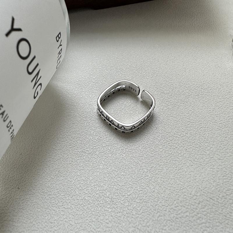 Korean Roman Numeral S925 Sterling Silver Square Ring, Minimalist INS Style