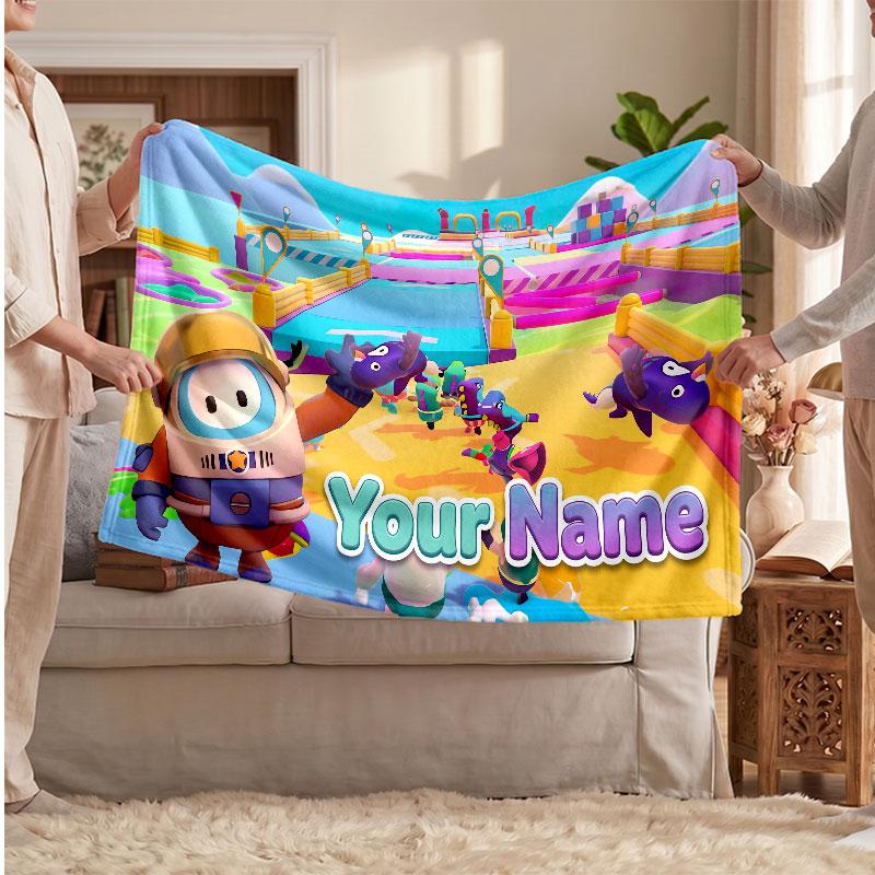 Fall Guys Personalized Flannel Blanket, Custom Printed Text Name, Warm Soft Blanket For Couch Bed