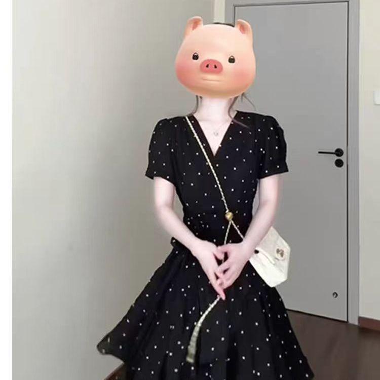 Women's Elegant Black Polka Dot Lace-up V-neck Dress - Summer 2026 Waist-cinching Slimming Short Skirt
