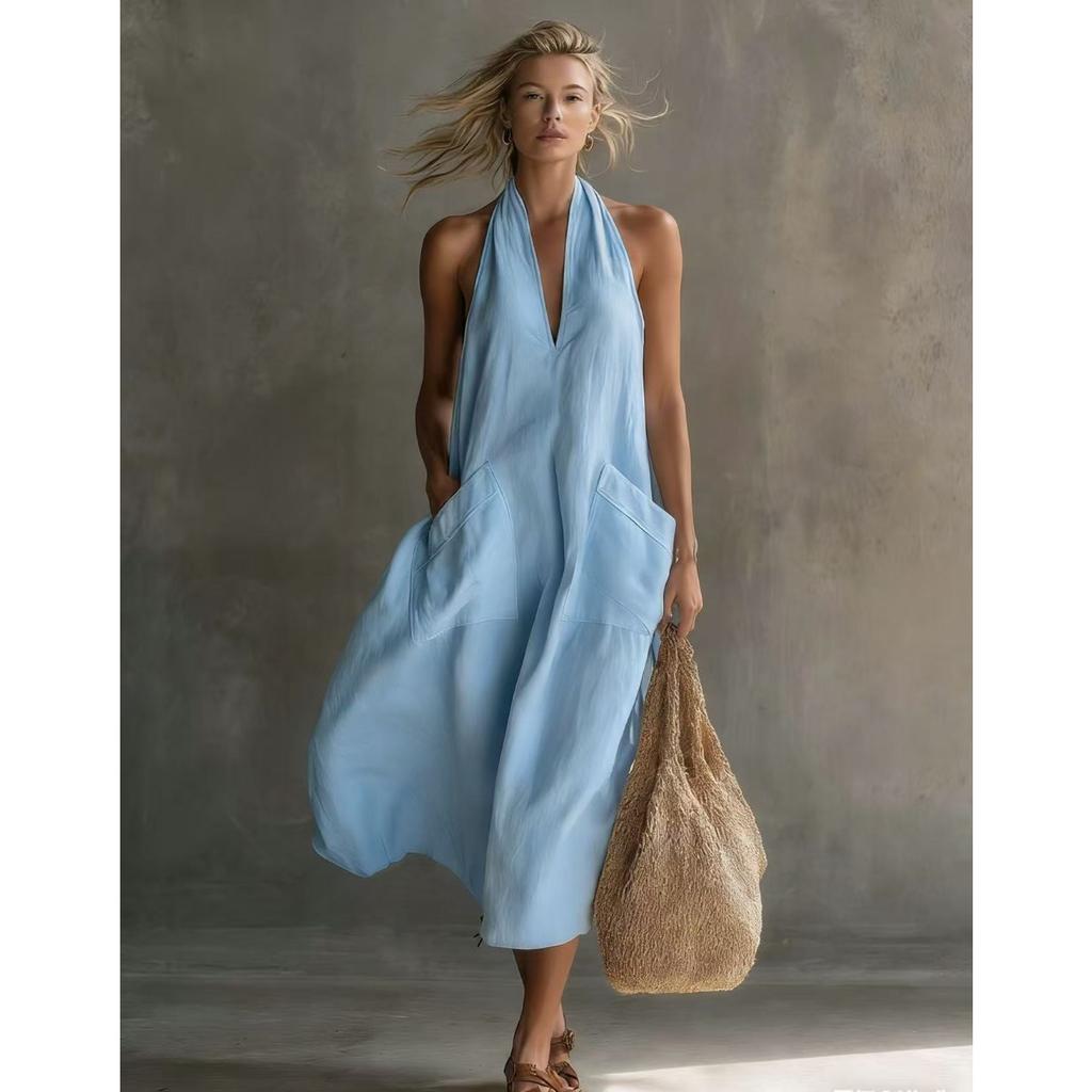 Nuevo Vestido de Verano Casual Vintage de Lino para Mujer, Vestido Midi sin Mangas con Escote en V y Bolsillo de Parche para Vacaciones