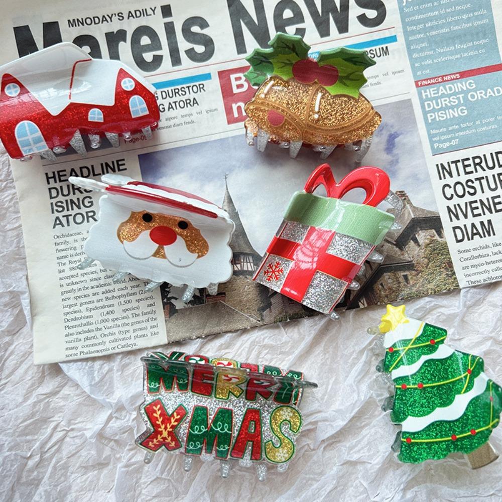 Acrylic Christmas Tree Hair Claw Snowhouse Cartoon Hair Grab Clip Santa Claus Shark Clip Girl