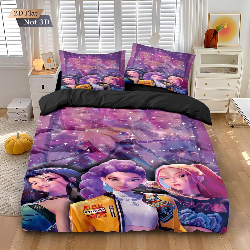 3pcsK-Pop Demon Hunters Printed Core Less Down Quilt Set Comfortable Bedroom Dormitory Bedding Holiday Decoration