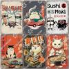 Vintage Japanese Cartoon Cat Tin Sign  Retro Ramen Sushi Takoyaki Metal Wall Art for Kitchen Bar Pub Restaurant Decor  Unique Ho