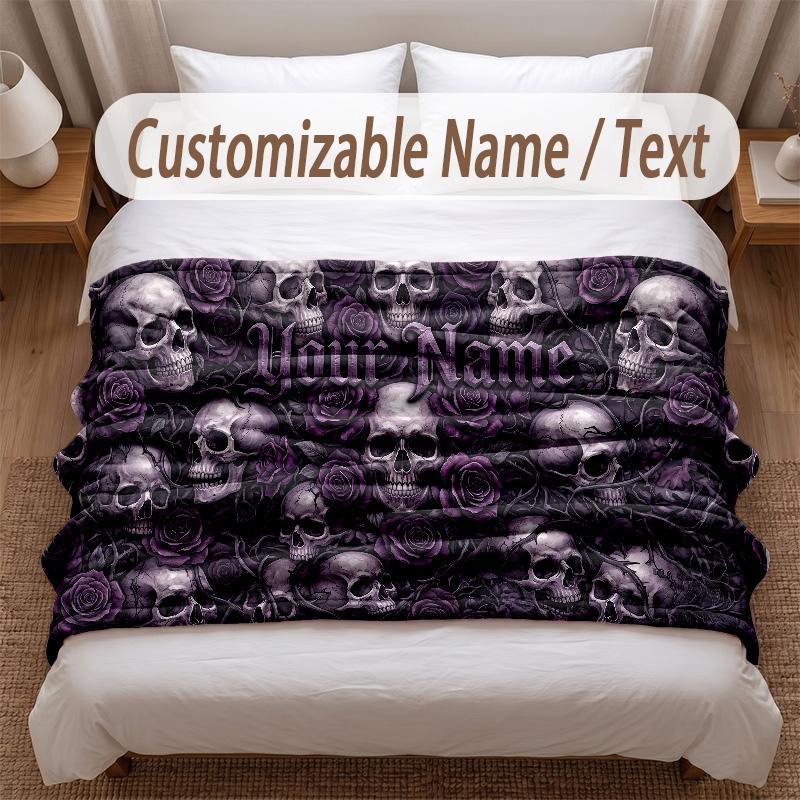 Skull Gothic Theme Soft Blanket Personalized Custom Name Text Print Warm Blanket Home Sofa Bedroom Decor