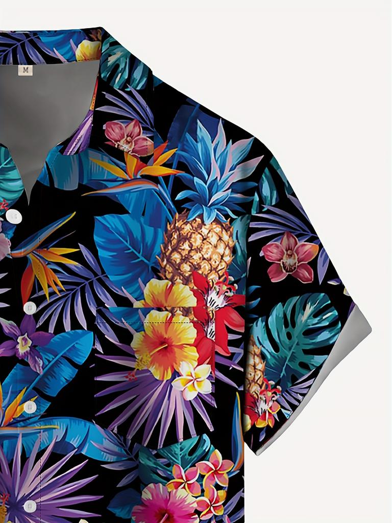 Plus Size Men's Top, Casual Short Sleeve Apparel, Men's Tropical Floral Print Short Sleeve Shirt - Vibrant Hawaiian Style, Casual Button Chest Pocket,