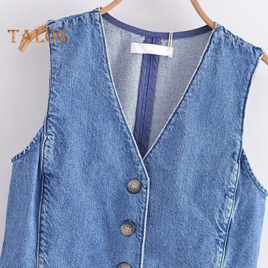 Kvinnor Denim Väst Kjol V-hals Ärmlös Enkelknäppt Kofta Väst Enfärgad Fickor Slim Fit Knapp Dragkedja Stängning Minikjol