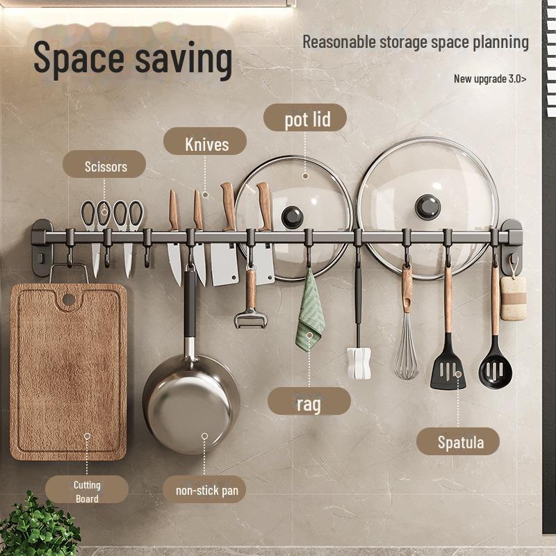 Raft de bucătărie fără găuri cu cârlige din aluminiu pentru spatule și linguri