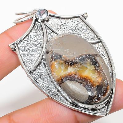 Natural Septerian Stone, White Topaz 925 Sterling Silver Pendant 2.80" J5z03