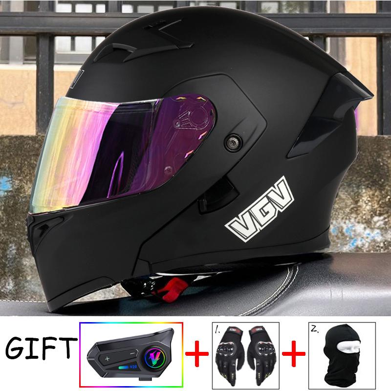 VGV Double Lens flip up helmet Openable motorcycle helmet come with wireless headset gloves headgear Value Promotional Packages
