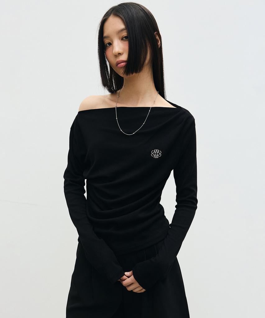 Nigaennikol Shirring Drape Boat Neck Top_Black