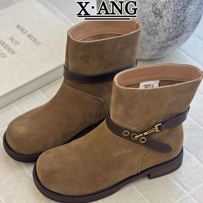 Cowhide Version Maillard Boots Women's Short Boots Autumn and Winter New Martin Boots Women's Medium Tube Knight Boots