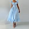 LYRIA Elegant Blue Striped Ruffled Button Long Dress Women Slim Square Neck Sleeveless Party Female Dresses Lady Robe