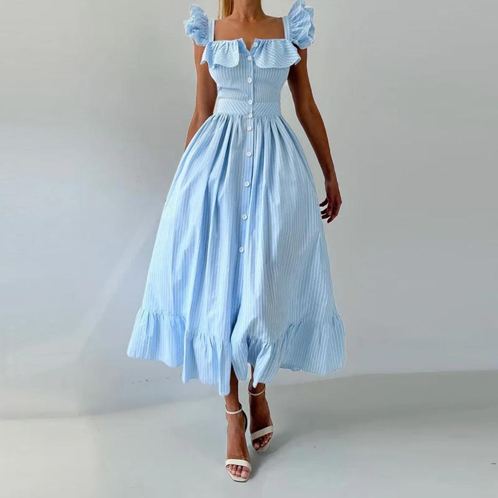 LYRIA Elegant Blue Striped Ruffled Button Long Dress Women Slim Square Neck Sleeveless Party Female Dresses Lady Robe
