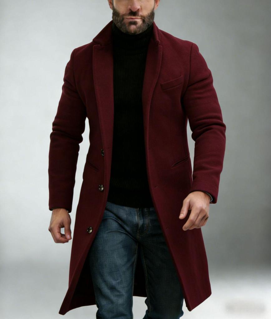 2025 European Men's Woolen Mid-Length Single-Breasted Fashion Overcoat