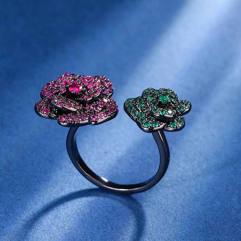 Jewelry Copper Bottom Gold-Plated Simulation Red Corundum Black Gold Immortal Flower Personalized Ring Female