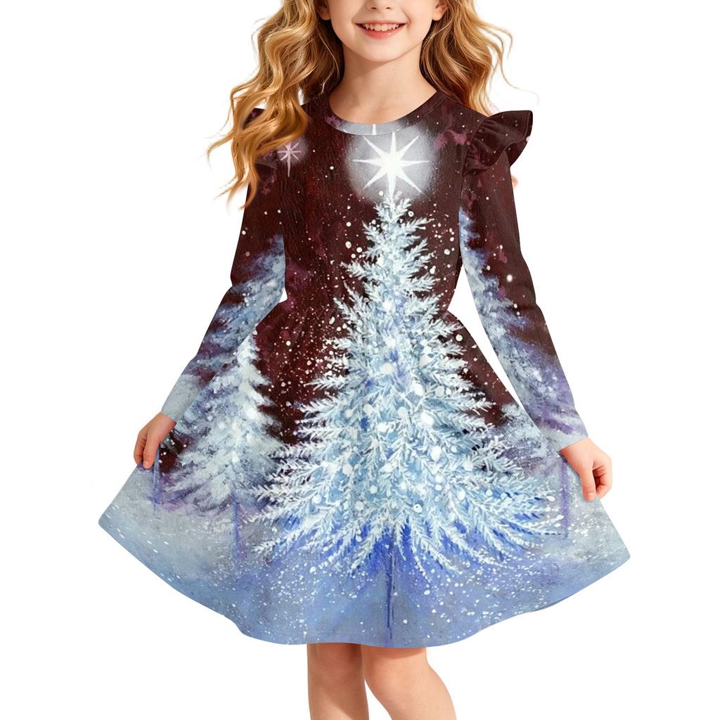 Girls Christmas Print Dress with Sleeves Long Sleeve Holiday Party Dress