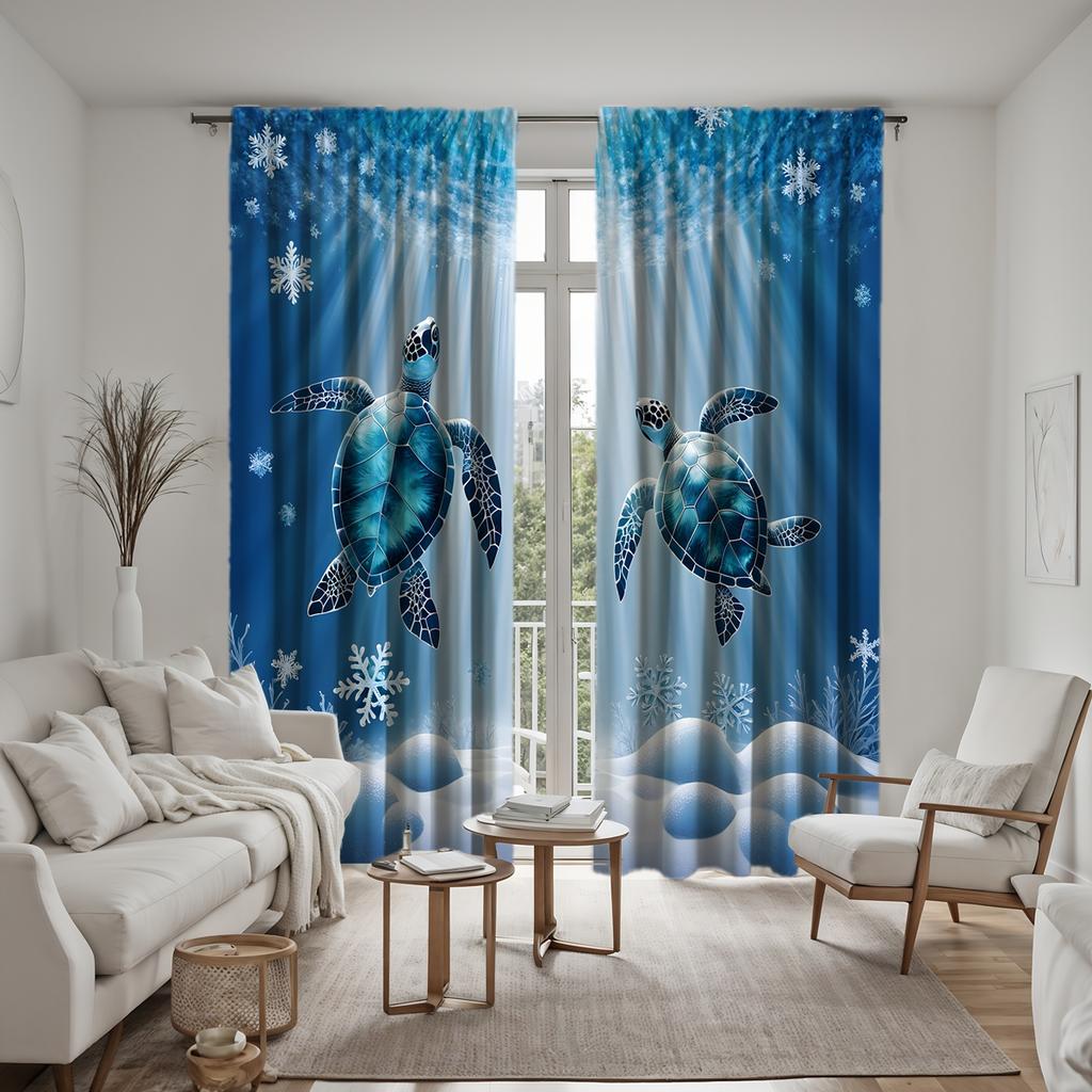 2pcs HD Sea Bottom Romantic Snowflake Turtle Diving Decorative Curtain Blue Tie Digital Printed Curtain Home Decoration Style
