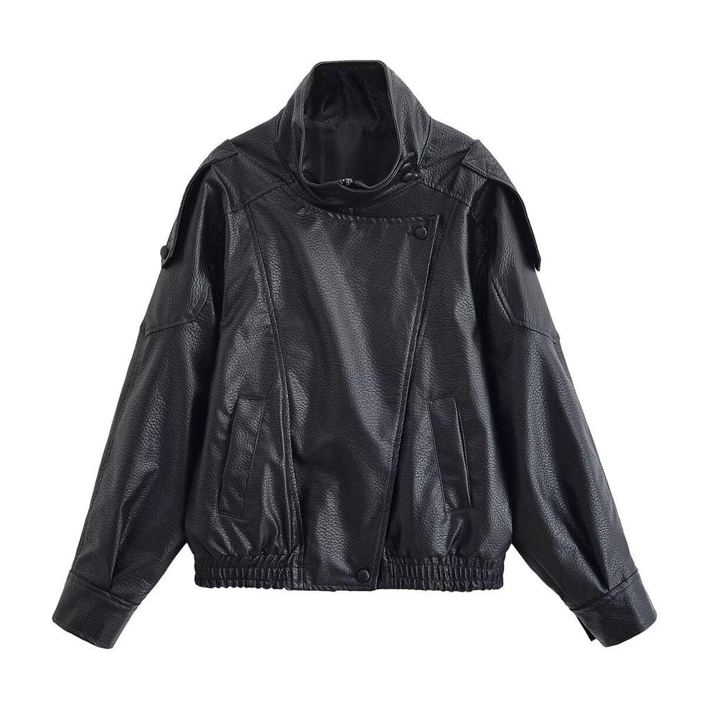 Giacca da Donna Autunnale in Ecopelle Chic con Zip e Revers a Punta Manica Lunga Giacca Capospalla