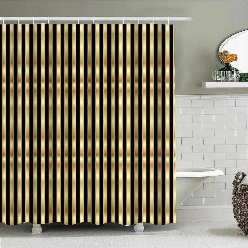 Schwarz Gold Duschvorhang Modernes Streifen Design Für Badezimmer Dekor 72 X 84, Luxuriöses Goldenes Wasserabweisendes Wasserdichtes Stoff Dusch
