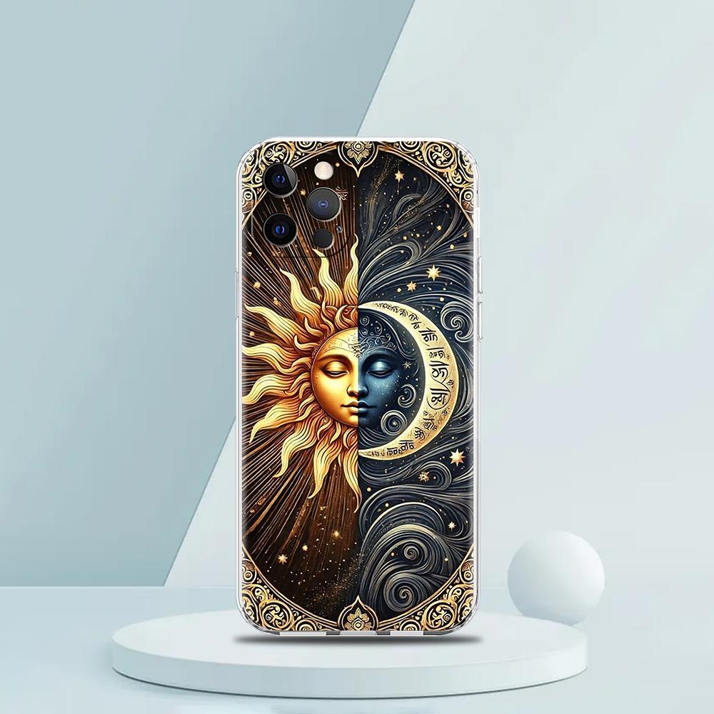 Soft TPU Transparent Phone Case Cover for iPhone 16 15 14 13 12 11 Pro Max XR 8 7 Plus Shockproof Shell Sun Moon Stars Pattern