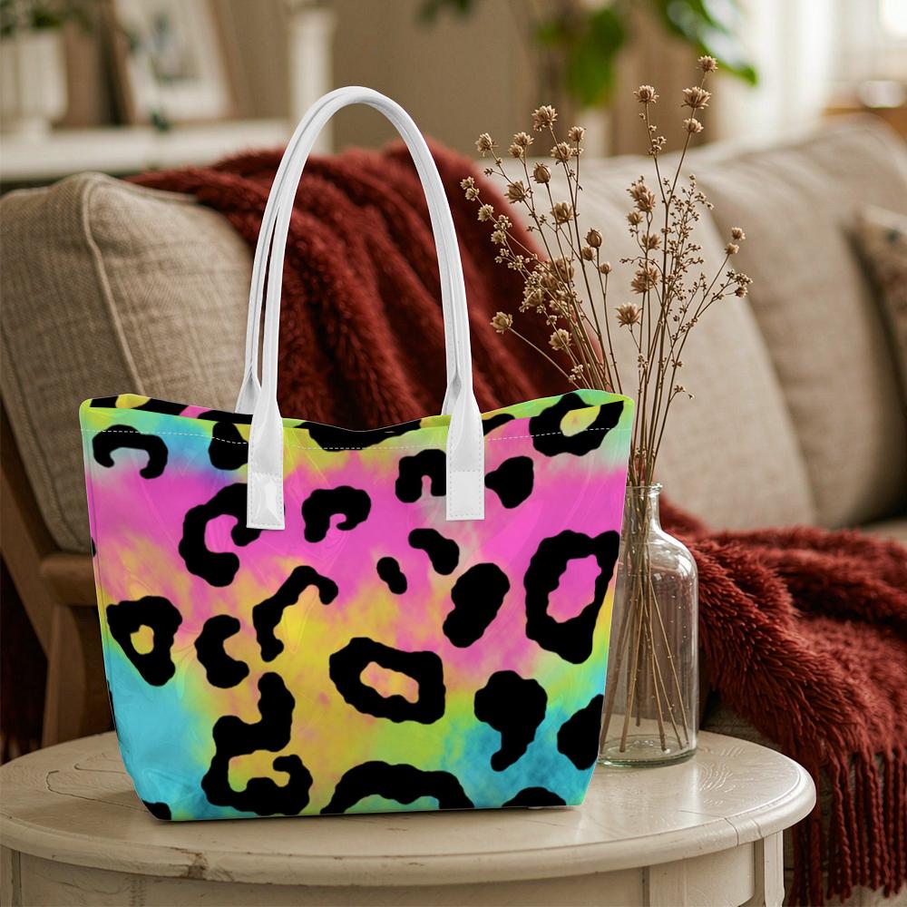 Colorful Leopard Print Tote Bag Casual Fashion Portable Large Capacity Daily Use Shoulder Bag