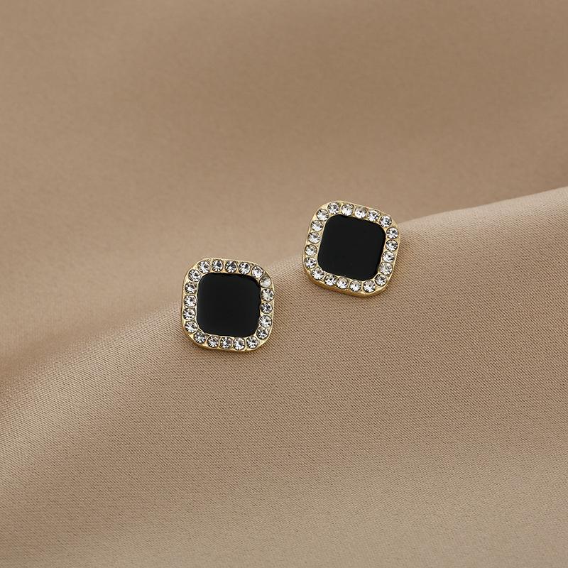 

925 Silver Korean Fashion Rhinestone Geometric Square Enamel Stud Earrings
