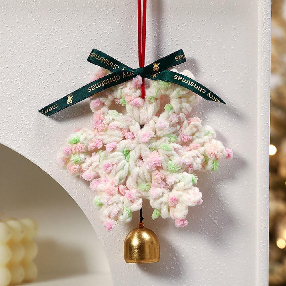 Hand-knitted Christmas Bell Pendant Creative 16cm Crochet Snowflake Pendant with Hanging Rope Ribbon Bow