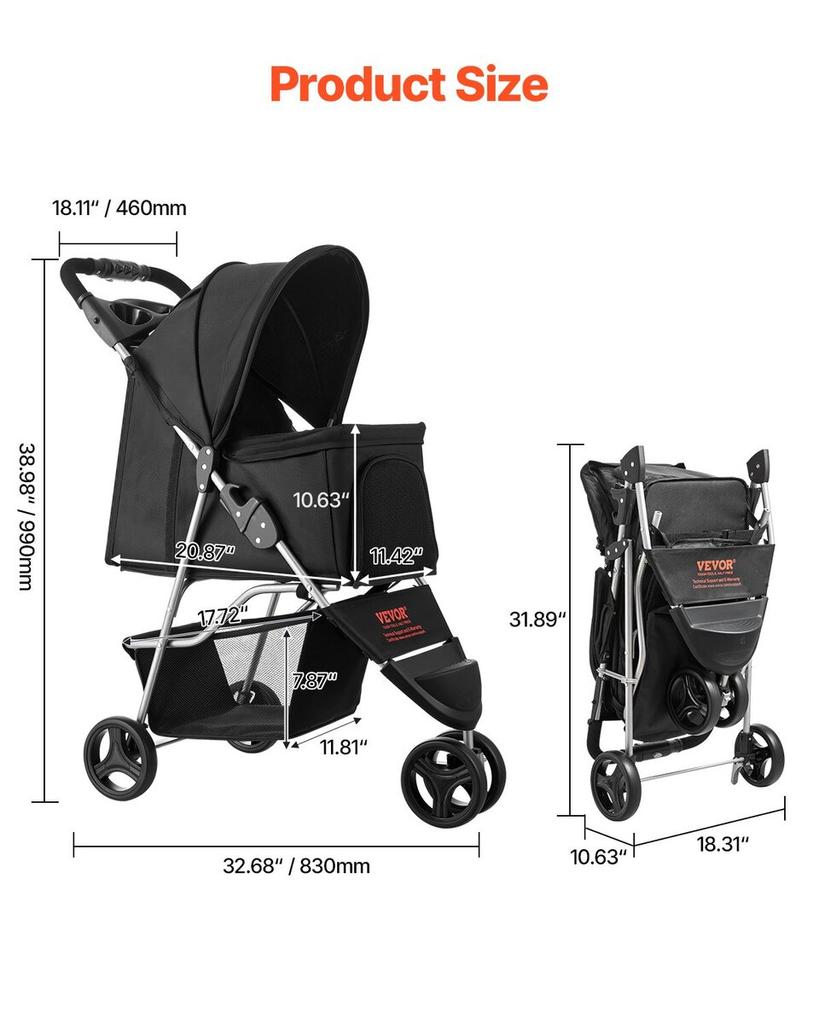 Pet Stroller Foldable 3 Wheels Travel Dog Stroller with Brake Up To 35lbs