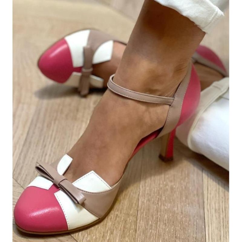 Fashion Luxury Designer Sweet Female Pumps Round Toe Small Heels 6cm Buckle Strap Bowknot Mixed Color Plus Size 43 Spring Dating Shoes