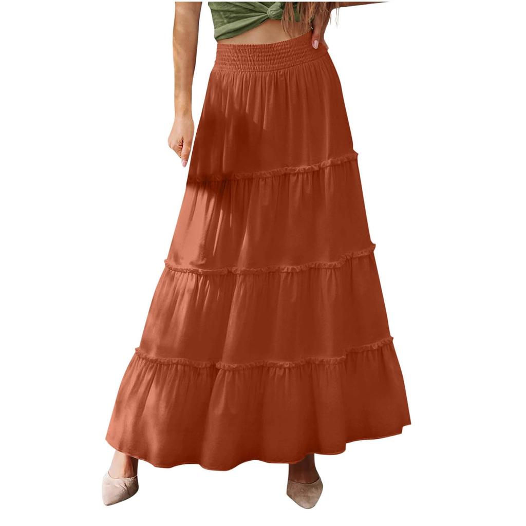 Women's Fashion Color Elastic Waist Skirt Loose Casual High Waist Tie Long Skirt