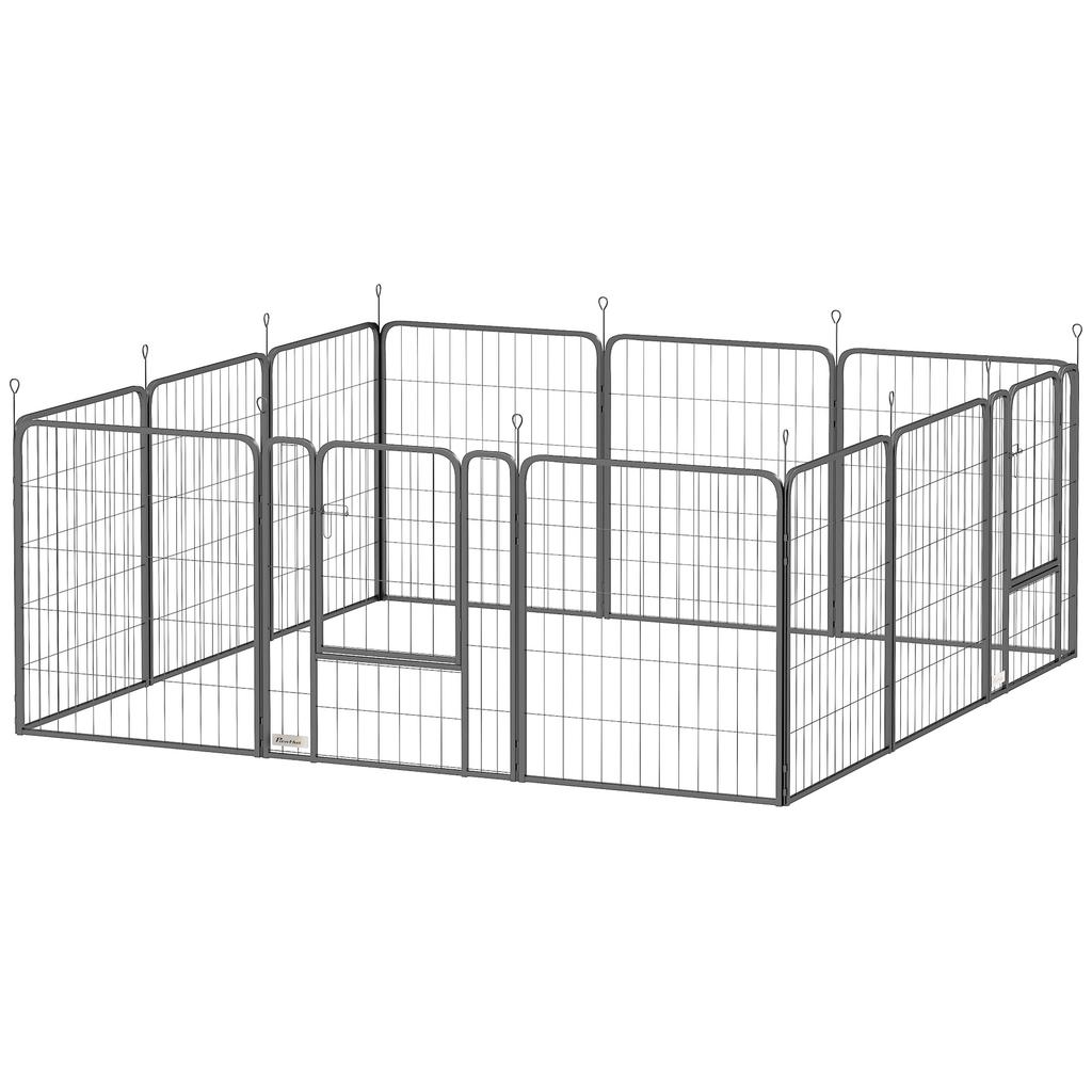 12-Panel Modular Dog Playpen, 68x1.5x80cm, Black Steel, with Entrance Door