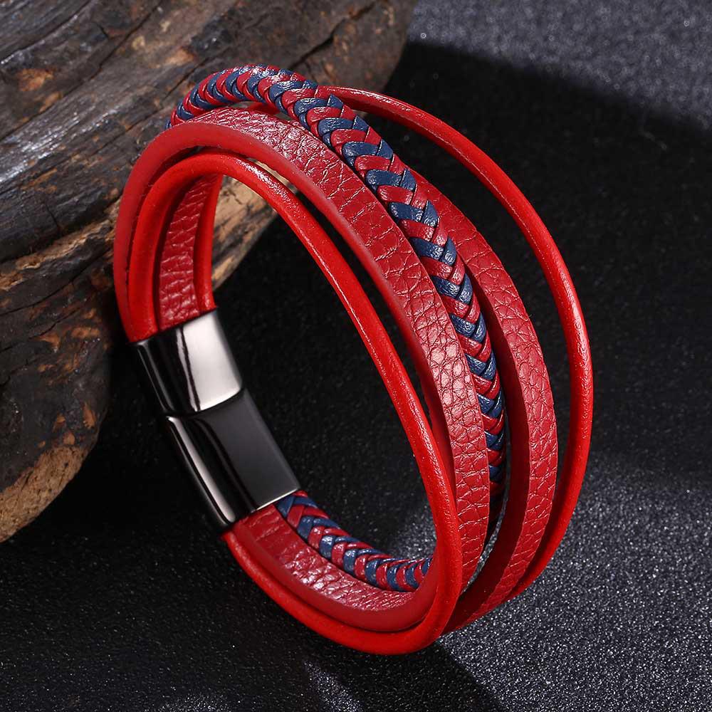 Men s Ethnic Style Magnetic Leather Bracelet - Multicolor Cable Knit Design Inner Circle 205mm [Length 233mm] красный