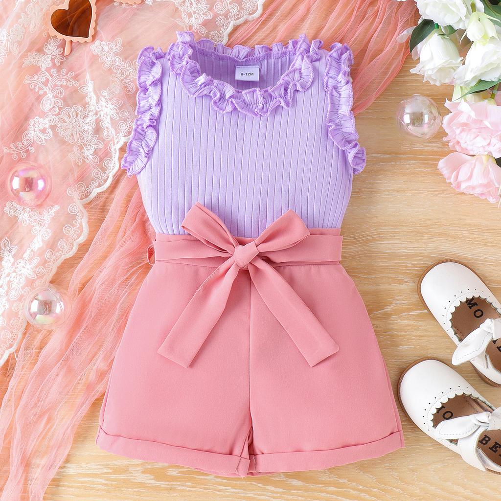Girls Fashion Suit Spring Summer Kids Casual Cute Lace Vest + Solid Color Shorts with Belt Suit