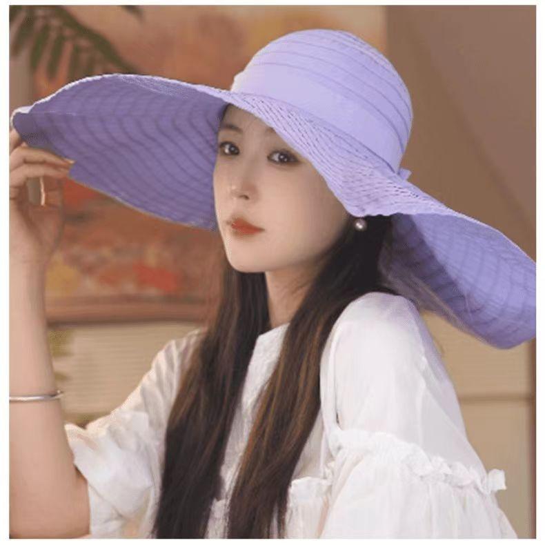 Women's foldable sun hat face protection bucket hat bow big eaves outdoor sun hat adult versatile