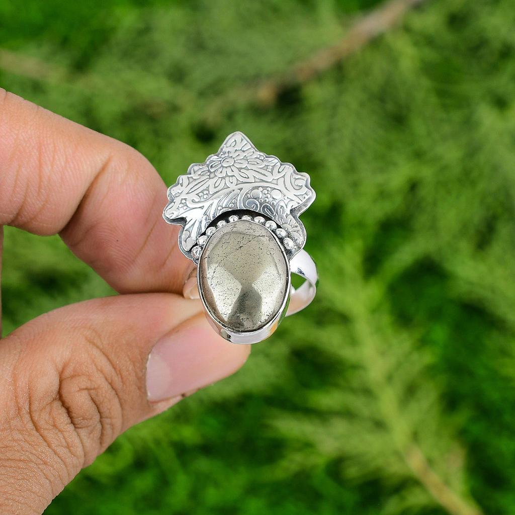 925 Silver Pyrite Stone Promise Trendy Mother Unique Engagement Anniversary Ring