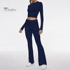 2 Pcs/Set Women Top Pants Suit Skinny High Waist O Neck Long Sleeves Pure Color Stretchy Soft Breathable Yoga Bell Bottoms T-shirt Set Spring Summer
