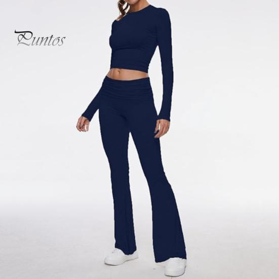 2 Pcs/Set Women Top Pants Suit Skinny High Waist O Neck Long Sleeves Pure Color Stretchy Soft Breathable Yoga Bell Bottoms T-shirt Set Spring Summer