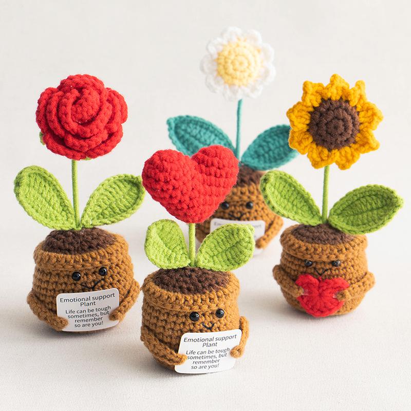 Positive Energy Heart Flower Rose Hand-woven Potted Home Room Decoration Finished Crochet Tulip Plants Ornament for Wedding Gift