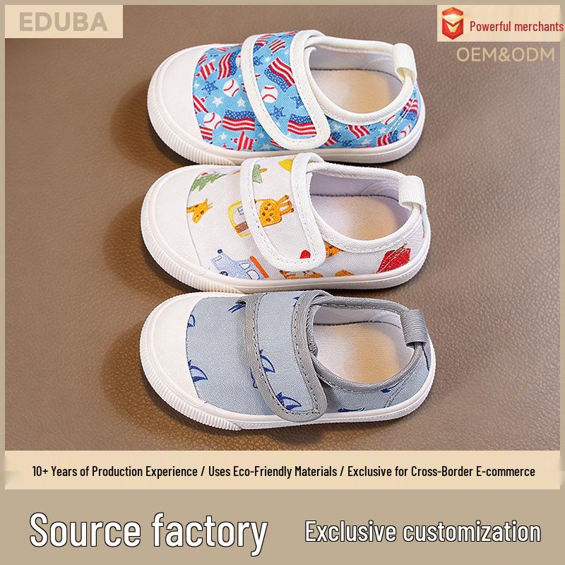 Spring 2026 Kids' Canvas Shoes: Printed Toe Cap, Velcro Closure, Anti-Kick Soft Sole, Toddler-Friendly.