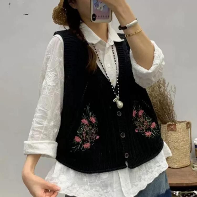 Damski luźny casualowy dzianinowy sweterek bez rękawów z dekoltem V wiosenny haft styl artystyczny revival styl starożytny