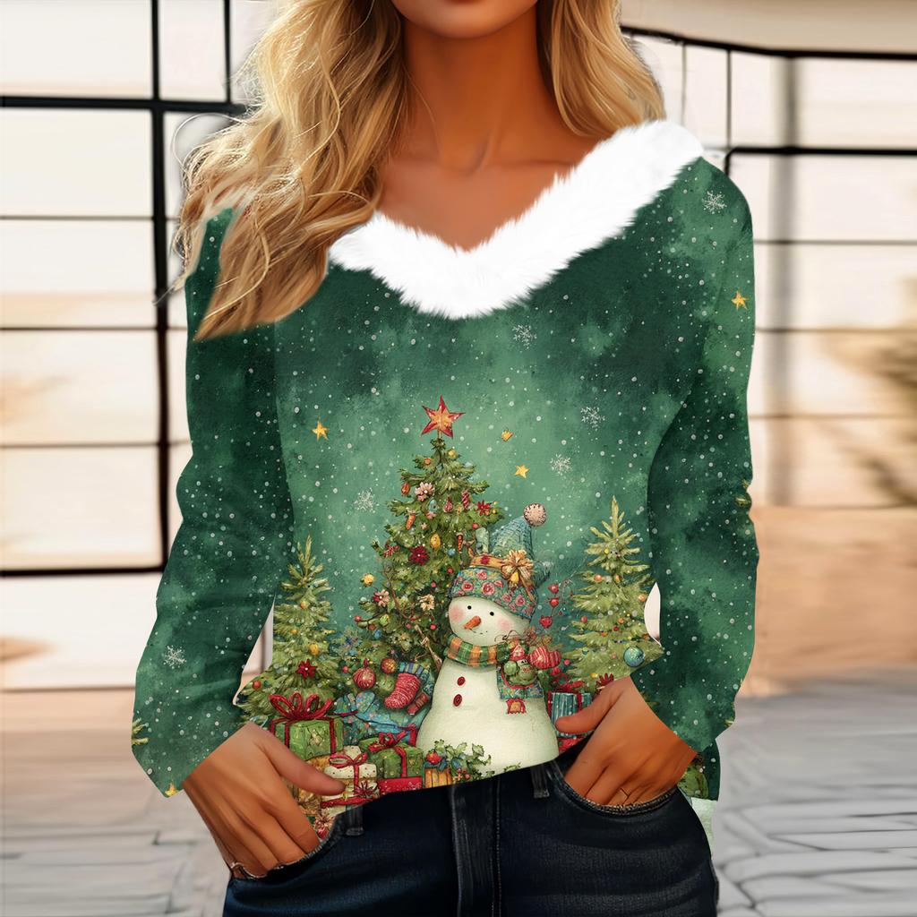 Women's Christmas Printed Long Sleeved Party Plush Neck V-neck Top