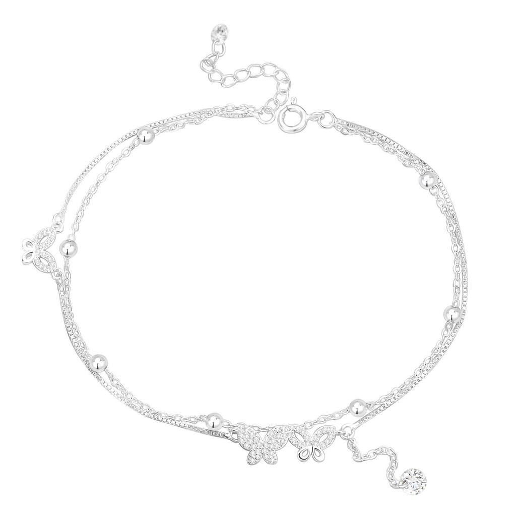Korean Fashion Double Layer Butterfly Tassel Anklet - Versatile 925 Silver Women's Style