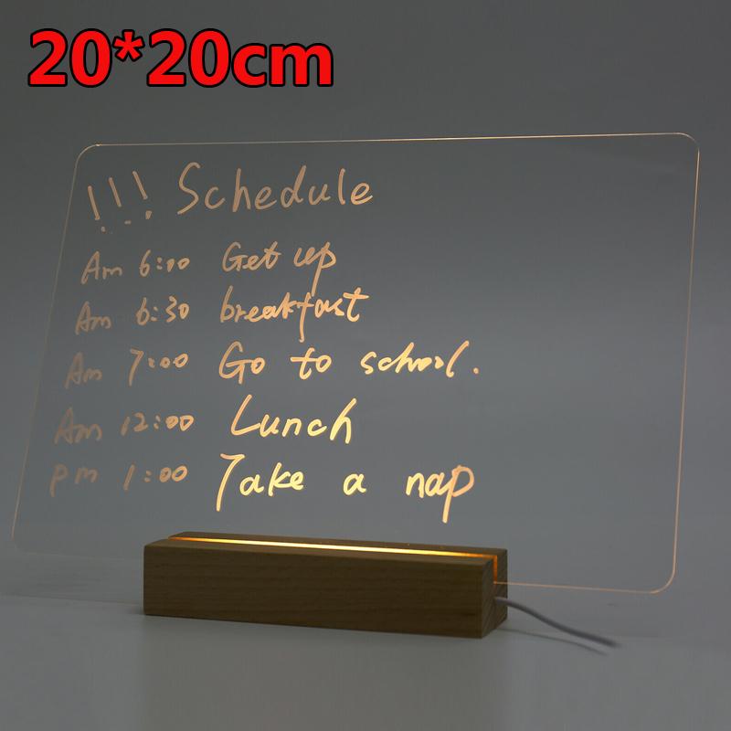 20*20cm Transparent Acrylic Dry Erase Memo Message Board Writing Board LED Lighting