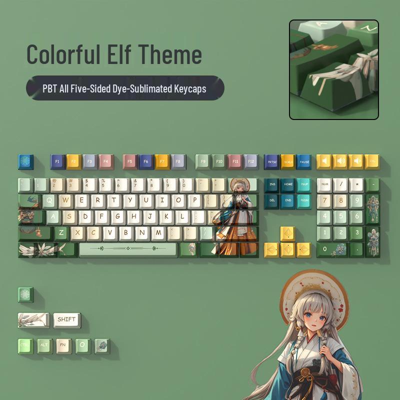 PBT Dye-Sub Green Anime Keycaps - Original Height, DIY Creative Set 38x16x3 cm