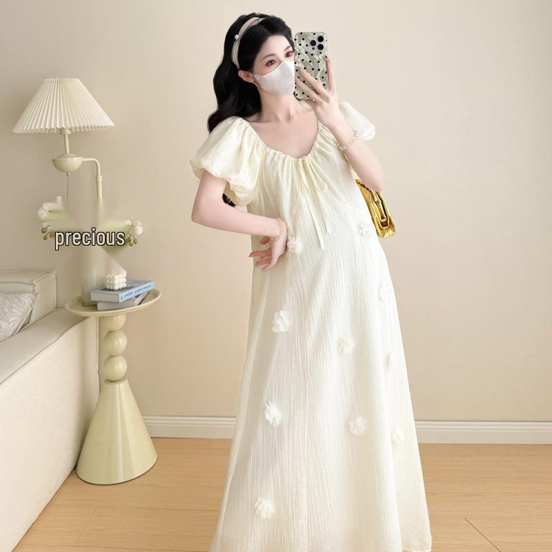 2026 Summer Korean Style Puff Sleeve Knee-Length Maternity Dress